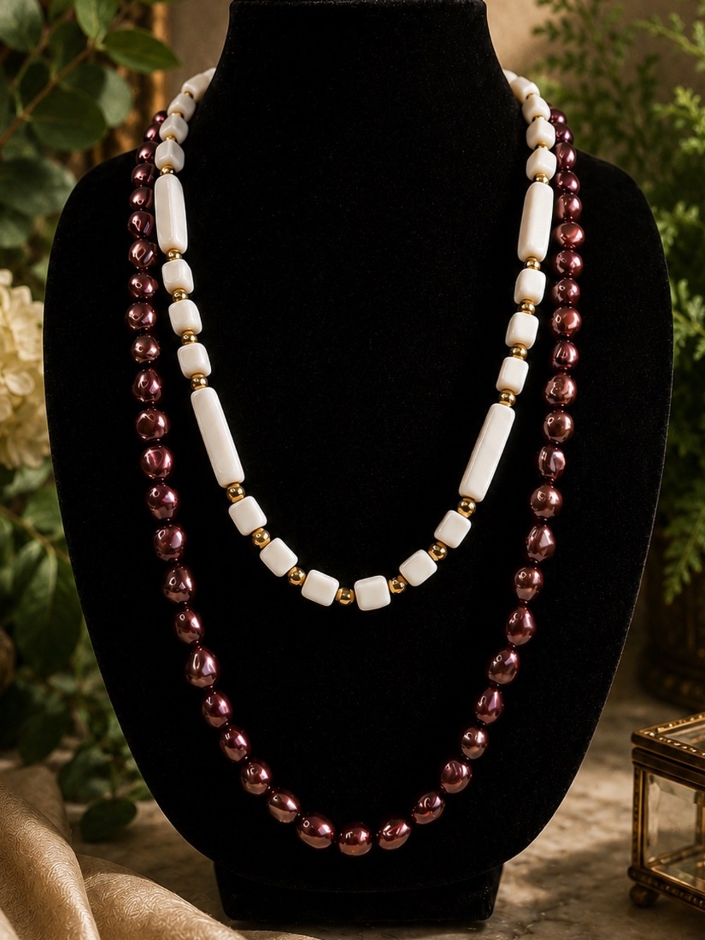 2 Vintage TRIFARI Classic Necklaces Gold Tone White Cube & Chocolate Faux Pearls